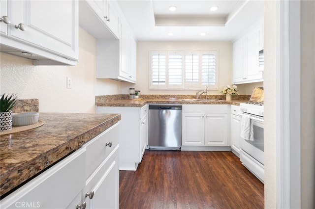 kitchen with sink, stainless steel dishwasher, gas range gas stove, and white cabinets