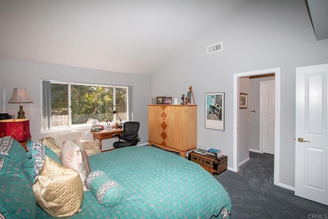 carpeted bedroom featuring high vaulted ceiling