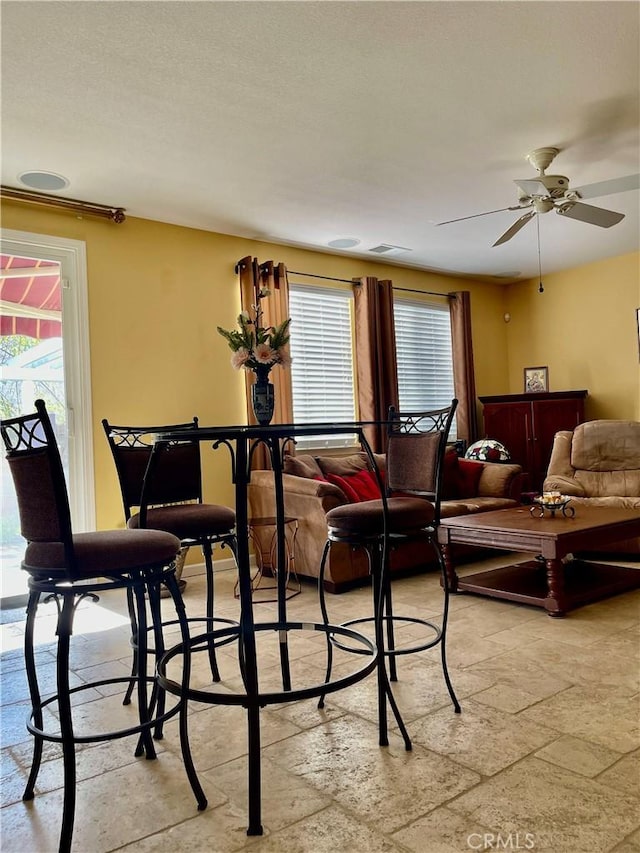 living room featuring a ceiling fan and stone tile flooring