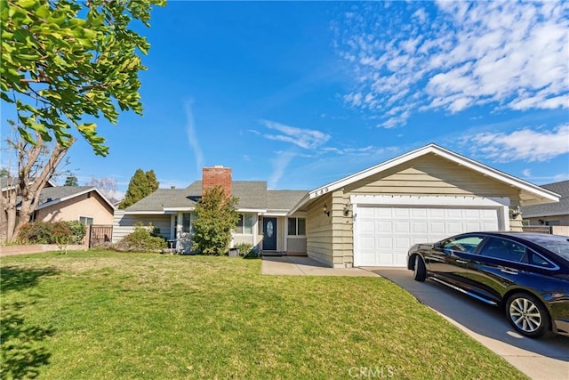 ranch-style house with an attached garage, a chimney, concrete driveway, and a front yard