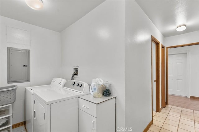 laundry area featuring electric panel, washer and clothes dryer, and light tile patterned floors