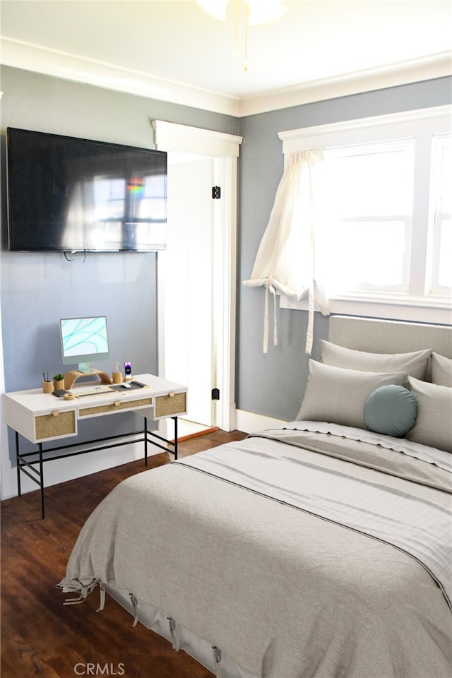 bedroom featuring multiple windows and wood finished floors