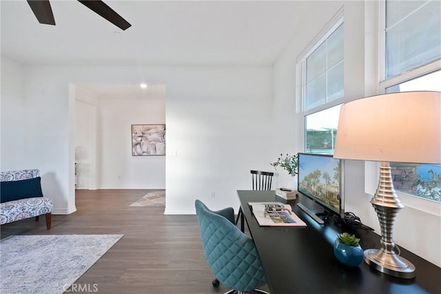 office area featuring dark wood-type flooring and ceiling fan