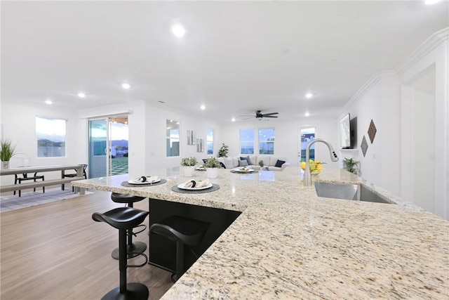 kitchen with an island with sink, sink, crown molding, and light stone counters