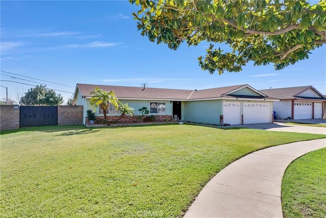 single story home featuring a garage, fence, driveway, stucco siding, and a front yard