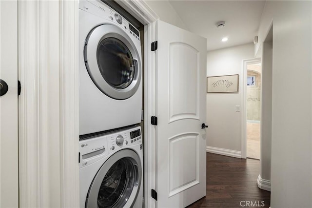 111 Via Lido Nord Unit B, Newport Beach, CA 92663 - laundry area featuring stacked washer / drying machine, dark wood-type flooring, and recessed lighting
