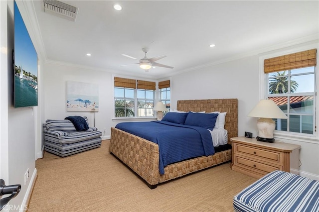111 Via Lido Nord Unit B, Newport Beach, CA 92663 - bedroom featuring recessed lighting, ornamental molding, ceiling fan, and light carpet