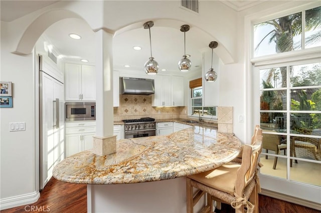 111 Via Lido Nord Unit B, Newport Beach, CA 92663 - kitchen featuring built in appliances, under cabinet range hood, light stone counters, white cabinets, and backsplash