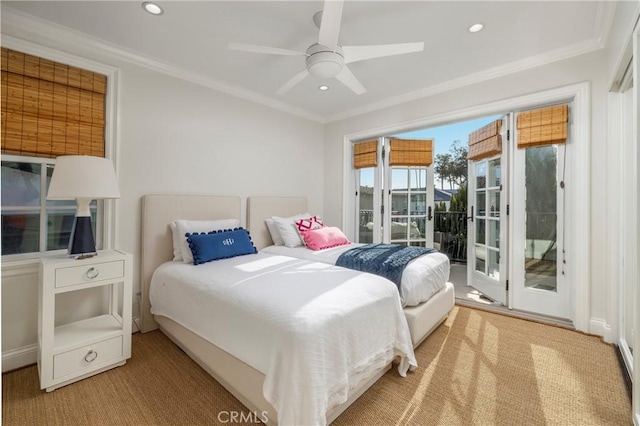 111 Via Lido Nord Unit B, Newport Beach, CA 92663 - bedroom with access to outside, crown molding, recessed lighting, carpet, and a ceiling fan