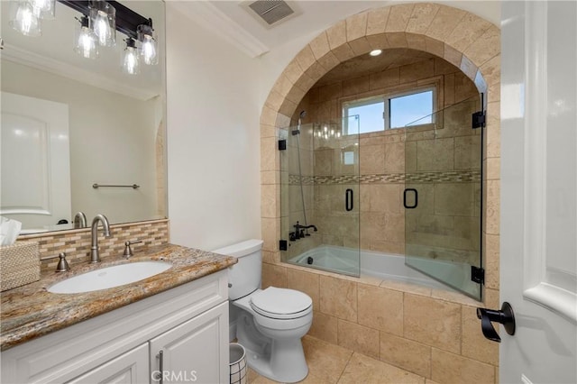 111 Via Lido Nord Unit B, Newport Beach, CA 92663 - bathroom with vanity, tiled shower / bath, decorative backsplash, crown molding, and tile patterned flooring