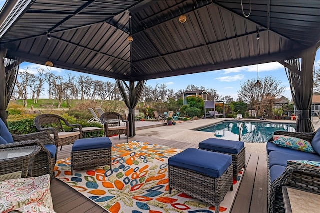 view of patio with an outdoor hangout area and a gazebo