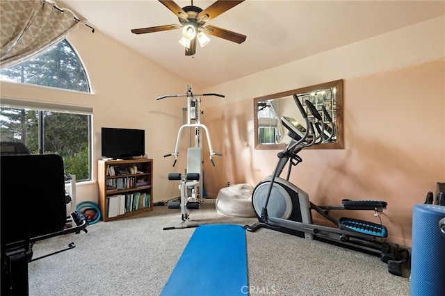 workout room featuring vaulted ceiling, ceiling fan, and carpet floors