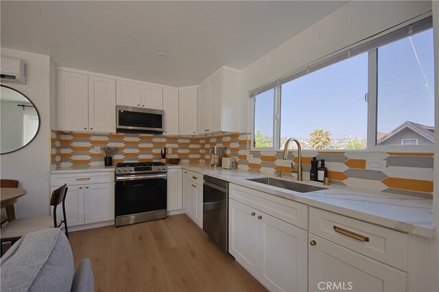 kitchen featuring sink, white cabinets, decorative backsplash, light hardwood / wood-style floors, and stainless steel appliances
