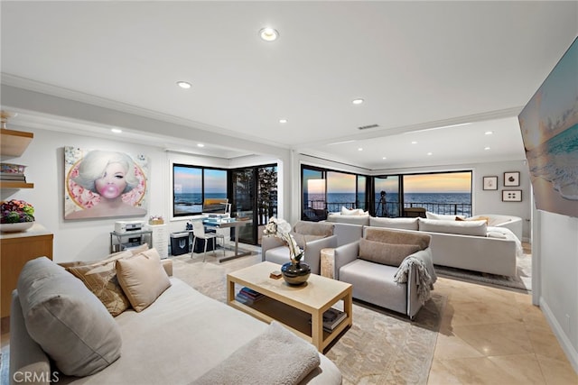 tiled living room featuring ornamental molding