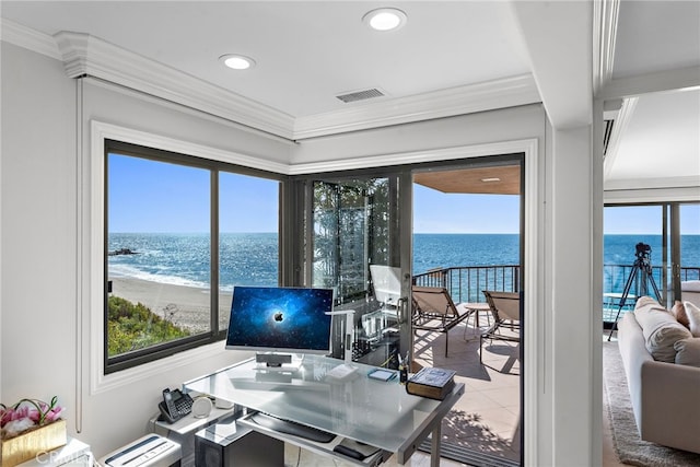 home office featuring crown molding, plenty of natural light, and tile patterned flooring