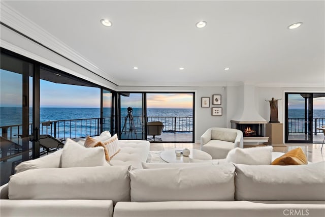 living room with crown molding, a water view, and a fireplace