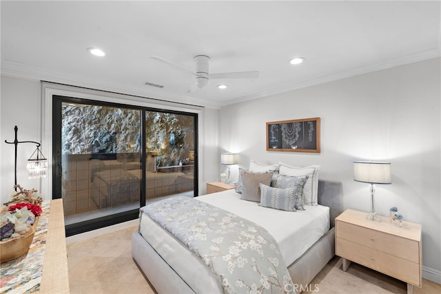 bedroom with crown molding, access to outside, ceiling fan, and light tile patterned flooring