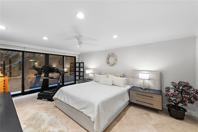 bedroom featuring crown molding and ceiling fan