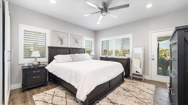 bedroom with ceiling fan, baseboards, dark wood-type flooring, and recessed lighting