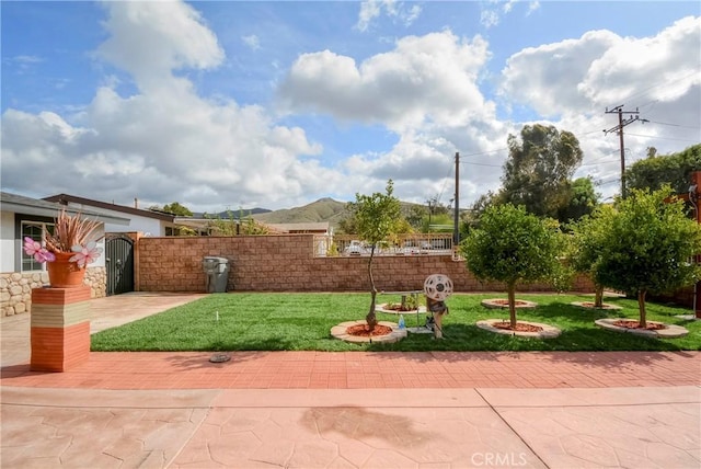 surrounding community with a yard, a mountain view, and a patio area