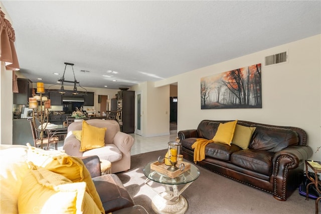 living room with a textured ceiling