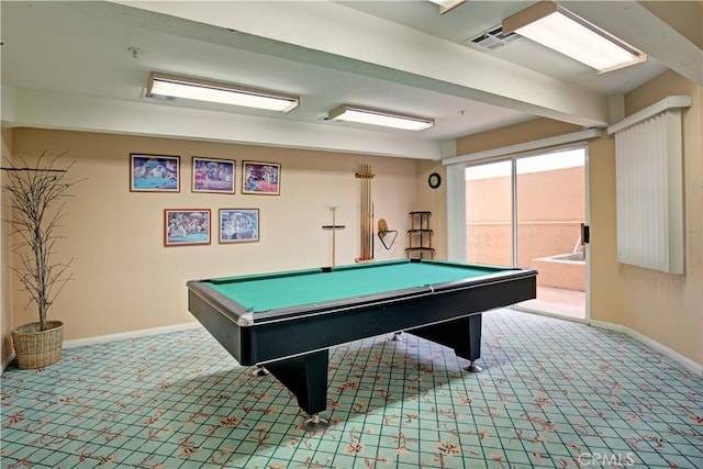 rec room with carpet flooring and pool table