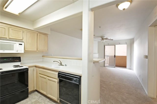 kitchen featuring sink, light carpet, electric range oven, kitchen peninsula, and black dishwasher