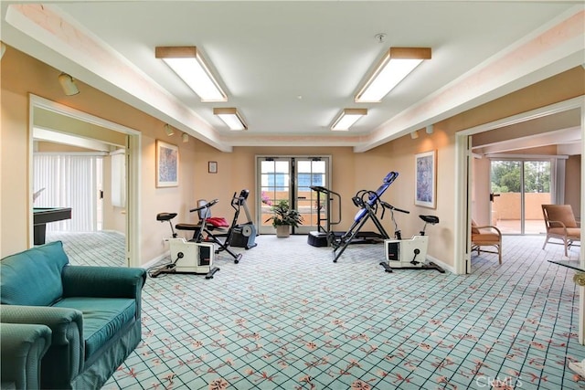 workout room with a healthy amount of sunlight and light carpet