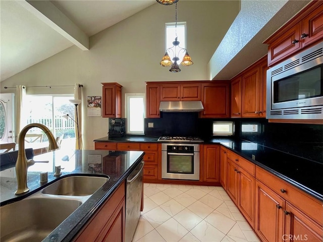 kitchen featuring appliances with stainless steel finishes, sink, decorative backsplash, a notable chandelier, and beam ceiling