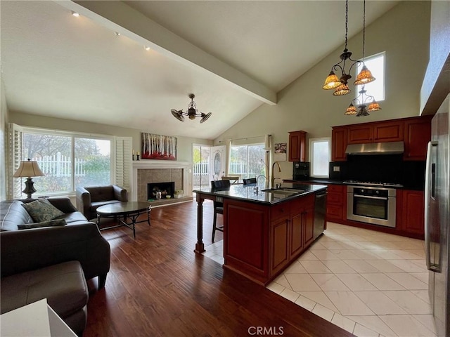 kitchen featuring pendant lighting, sink, appliances with stainless steel finishes, an inviting chandelier, and an island with sink