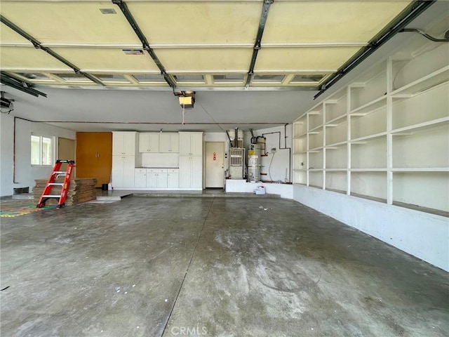 garage with a garage door opener and gas water heater