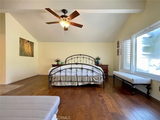 bedroom featuring vaulted ceiling, ceiling fan, and dark hardwood / wood-style flooring