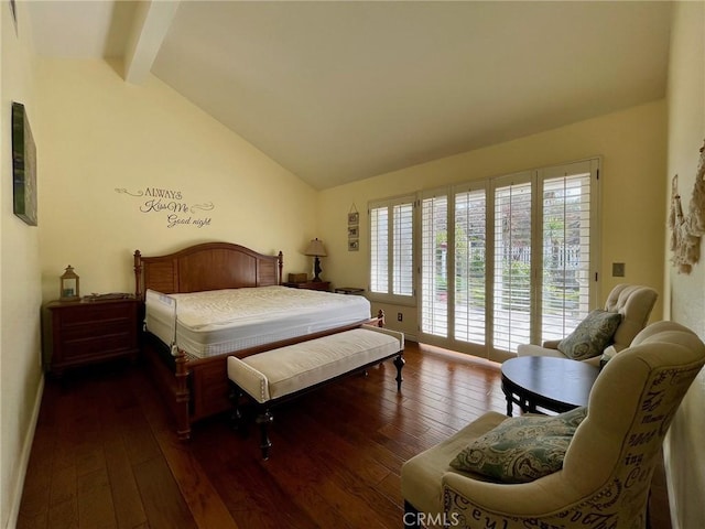 bedroom featuring dark hardwood / wood-style flooring, access to exterior, and lofted ceiling with beams