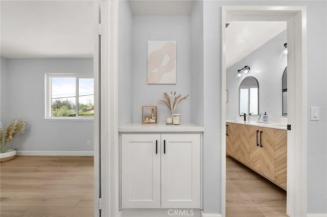 bathroom with vanity and wood-type flooring