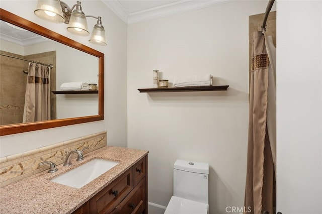 bathroom with a shower with shower curtain, vanity, toilet, and crown molding