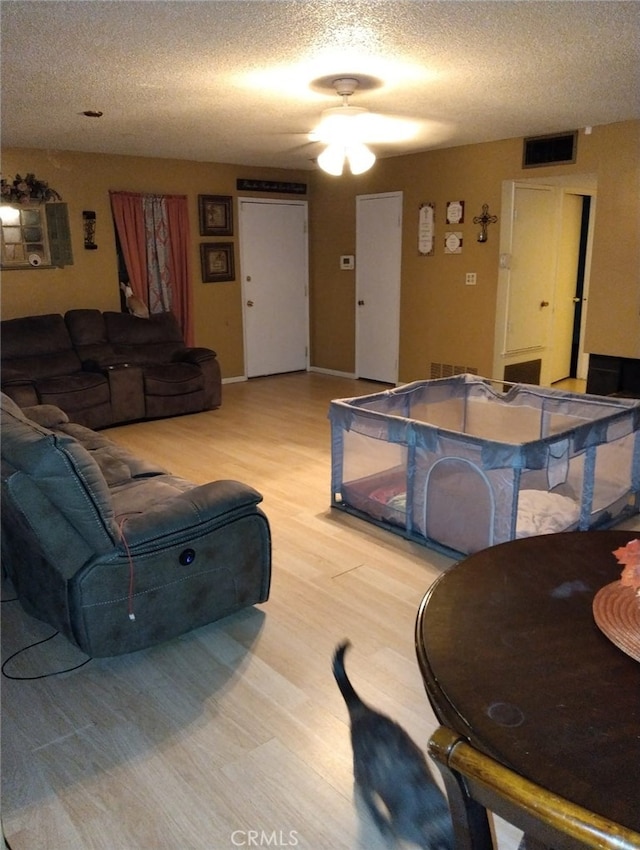 living room with light hardwood / wood-style flooring and a textured ceiling