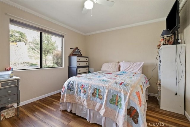 bedroom with ceiling fan, ornamental molding, and dark hardwood / wood-style flooring