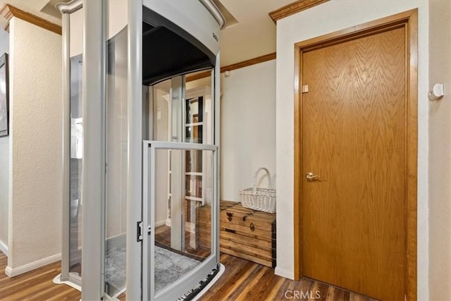 interior space with dark hardwood / wood-style floors and ornamental molding