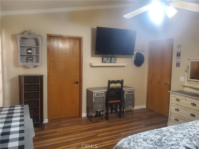 bedroom featuring ornamental molding and dark wood-type flooring