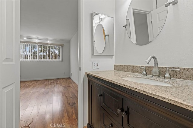 bathroom featuring baseboards, wood finished floors, and vanity