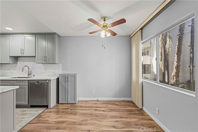 kitchen featuring plenty of natural light, dishwasher, gray cabinetry, and a sink