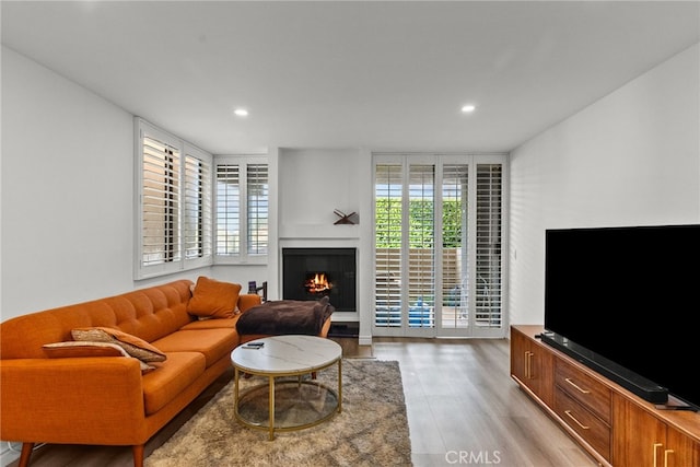 living room featuring light wood finished floors, a warm lit fireplace, and recessed lighting