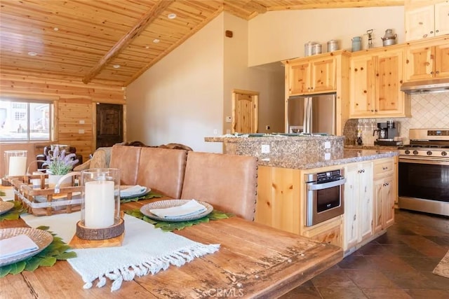 kitchen with tasteful backsplash, appliances with stainless steel finishes, under cabinet range hood, wooden ceiling, and light brown cabinetry