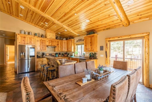 dining room with lofted ceiling with beams and wood ceiling