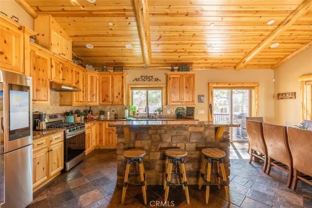 kitchen featuring wooden ceiling, decorative backsplash, stone tile floors, and appliances with stainless steel finishes