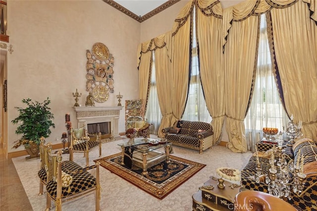 sitting room featuring a towering ceiling