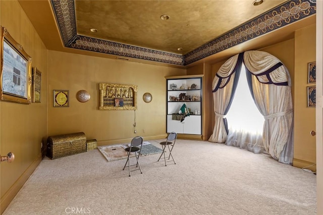 sitting room with carpet flooring and a raised ceiling