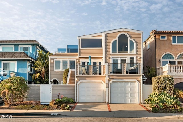 view of front of property with a balcony and a garage