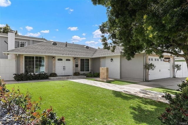 single story home with a garage and a front yard