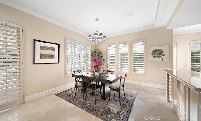 3 Mesquite Ridge Ln, Rancho Mirage, CA 92270 - dining room with a chandelier, crown molding, and light tile patterned flooring